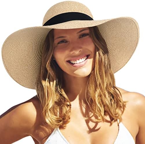 Chapéu de palha do sol do sol amplo abrangente UPF 50 Chapéu de verão Chapéu dobrável Roll up chapéus de praia para mulheres