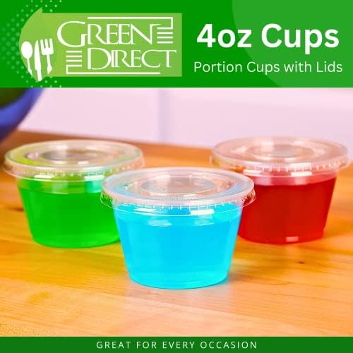 Green Direct 4 oz Jello descartável Tiro com tampas | Recipientes de condimentos com tampas de copos de plástico transparente