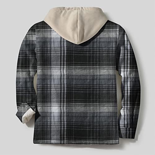 Jaqueta de capuz de flanela masculina outono e inverno de manga longa botão para cima de bolso xadrez com capuz de camisa