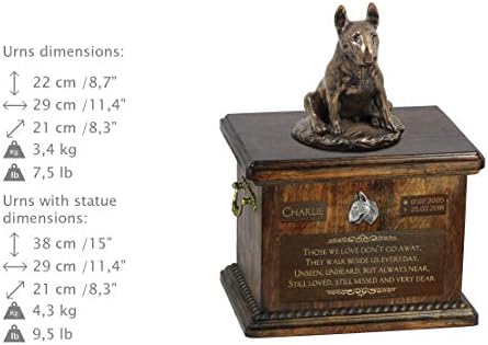 Bull terrier sentado, urna para cães cinzas memorial com estátua, nome e citação de animais de estimação - Artdog personalizado