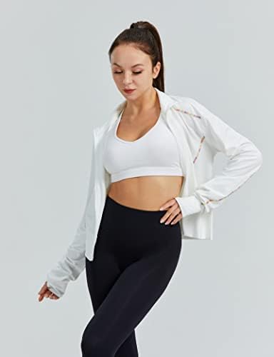 Jaqueta de pista de corrida feminina Full Zip Up Slim Fit Yoga Sports Athletic Jacket com orifícios de polegar