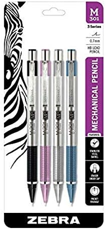Lápis mecânicos de aço inoxidável Zebra Pen M-301, barril de metal premium, ponto médio, 0,7 mm, aderência preta, 10-pacote mais