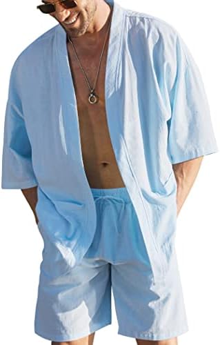 Conjuntos de linho masculinos de coofandy 2 peças de praia oufits abertos dia frontal quimono cardigan jaqueta com conjuntos curtos