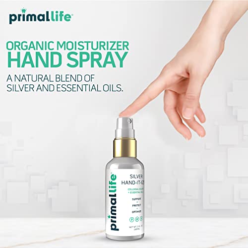 Primal Life Organics Silver Hand-Ima-Arela, Spray de limpador de mãos naturais de prata coloidal, mantenha as mãos frescas com spray líquido de prata coloidal, sem álcool, 2 oz