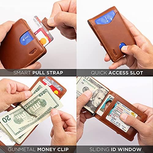 Pockt Slim Bifold Cartet para homens com clipe de dinheiro - Minimalista de bolso de bolso de bolso dianteiro de couro