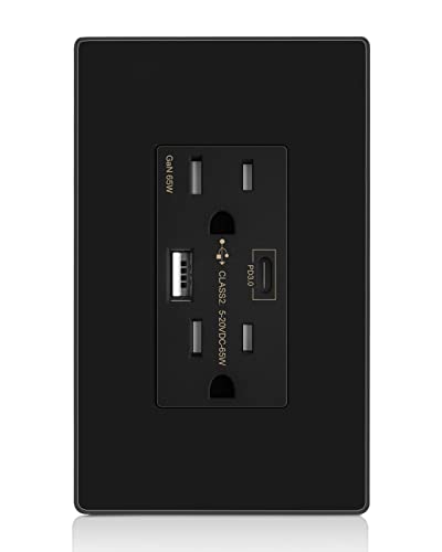Amerisense GaN 65W 6amp 2-porta Usb Wall Outlet, receptáculo resistente a adulteração de 15 amp com 1 porta USB tipo