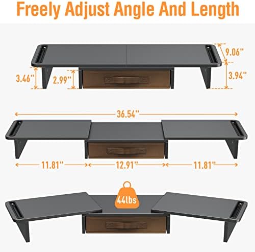 Riser de suporte duplo elivado com comprimento e ângulo ajustáveis ​​para gavetas, riser de monitor para 2 monitores, suporte