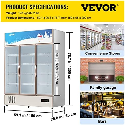 Refrigerador comercial Vevor, exibir refrigerador de bebidas na geladeira, porta de vidro com luz LED para casa, loja, academia