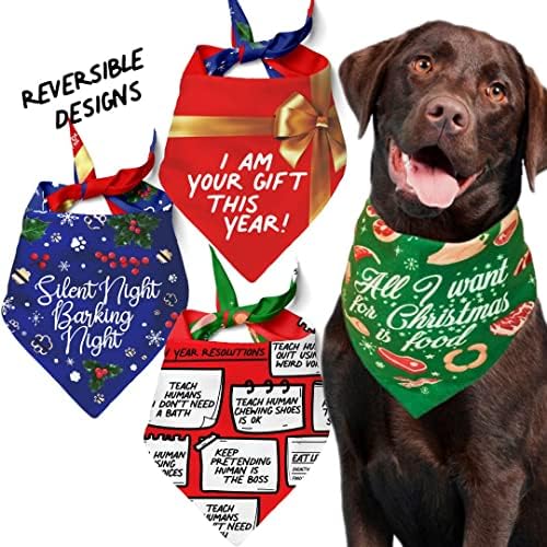 Dog Bandanas Christmas e Ano Novo Conjunto de 2, reversível com 4 padrões. Lenço engraçado para animais de estimação para pequenas