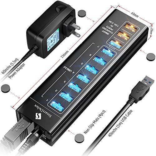 Hub USB alimentado por SmartDelux - Hub USB 3.0 de 10 portas com 7 portas USB 3.0, 3 portas de carregamento inteligente, adaptador de energia, cordão longo, LEDs - alumínio preto