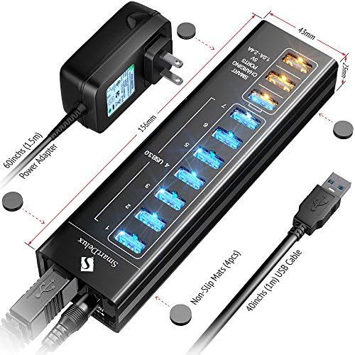 Hub USB alimentado por SmartDelux - Hub USB 3.0 de 10 portas com 7 portas USB 3.0, 3 portas de carregamento inteligente,