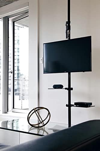 MOFO POLE | TV moderna com prateleira de vidro de mídia: altura ajustável, TVs de 32 a 70 polegadas. Sem ferramentas. Chão ao teto.