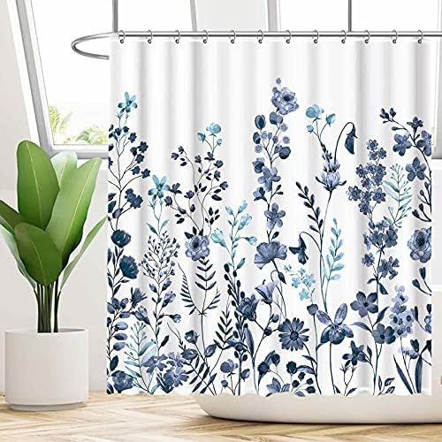 Funnytree Floral Plant Water descolor Flower Chuser Curtain Conjunto com ganchos Teal e azul Bohemian Bathtubs Bathtubs Decoração