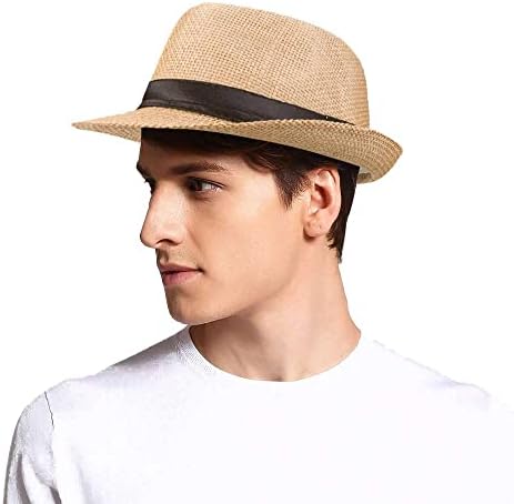 Mens de verão palha curta abrete fedora panamá trilby praia chapéu de sol