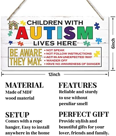 Crianças com autismo vive aqui sinal, sinal de madeira pendurada decorativa em casa, sinal de arte de parede de madeira impressa, placa colorida de conscientização do autismo, placa decorativa de suporte autista, sinal de porta do autismo 12 * 6 polegadas