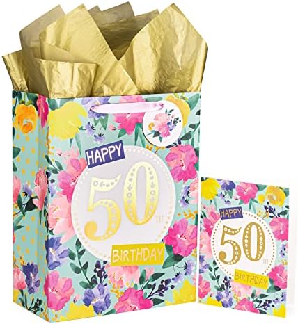 WrapAholic 13 Grande 50ª bolsa de presente com cartão e papel de seda - Floral 50th Aniversário