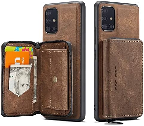 Caixa de carteira destacável para o coldre de proteção para a Samsung Galaxy A51 5G, capa de couro com choques de choque de couro, suporte de carteira de zíper protetora com zíper mais