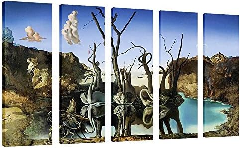 ALONLINE ART - SWANS REFLECIMENTO DE ELEPHANTES 5 PAINELOS POR SALVADOR DALI | Canvas esticadas emolduradas em uma moldura
