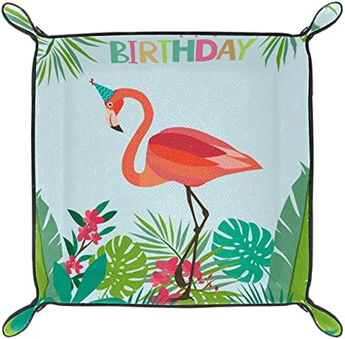 Bandeja de manobrista, captura de couro PU, organizador de bandeja, caixa de armazenamento para relógios Jóias Chave, Feliz Aniversário Flamingo