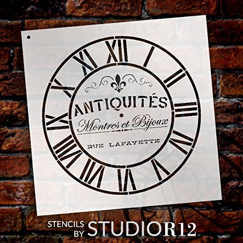 Estêncil de relógio redondo - números romanos industriais - Palavras antigas francesas - Relógio de madeira DIY Decoração