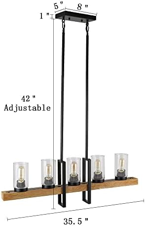 ANMYTEK METAL WOOD E CANDELO DE VIDRES LUZ PENENTE, Lâmpada Rústico Lâmpada Edison Vintage Teto decorativo 5 luzes Luminária, C0011