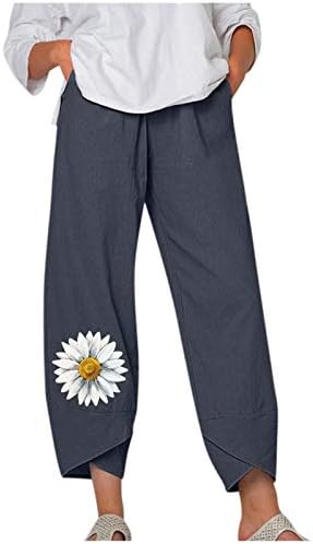 Calça estampada de linho de algodão ubst para mulheres calça elástica de cintura com bolso de bolso ladras soltas casuais