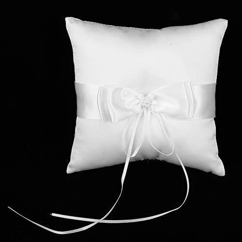 Travesseiro de portador de anel, travesseiro de travesseiro de cetim de cetim branco, travesseiro de casamento com travesseiro de casamento de pérolas para simulação para decorativo de casamento, travesseiro de portador de anel, browknot de cetim branco r