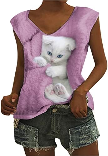 Camisa feminina 3d tanque de tanque de estampa de gato tampas gráficas casuais camisetas de verão com decote de decote vil