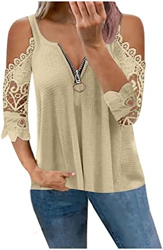 Túnica de verão para mulheres ombro frio zip v camiseta de pescoço renda hollow out mangas blusas moda camisas casuais