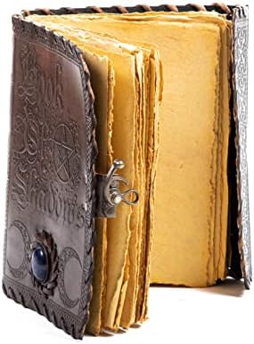 Haider Craft Blank Spell Book of Shadows Vintage Leather Journal With Semi Accious Stone - fechamento da trava, 200 páginas papel de borda de deckle antigo - diário de grimoire, diário de feitiços de bruxa para homens e mulheres