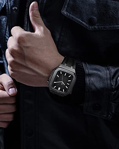 Kanuz Men Men Bumper de metal com proteção contra protetora protetora com banda de silicone de cinto Case de banda de luxo para Apple Watch 45mm 44mm, para Apple Watch 7/6/5/4 Série SE (cor: Preto, tamanho: 44mm para 6/5/4/4/