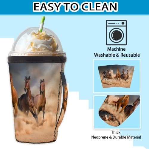 Rebanho de cavalos em capa de café gelado reutilizável no deserto, porta de xícara de neoprene isolada com alça por 18 ~ 20 onças