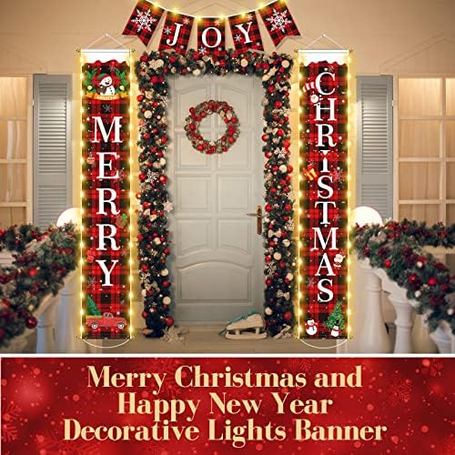 7 PCs Banner de Feliz Natal Banner iluminado Placa da varanda, Red Buffalo Buffalo Plaid Varanda Sinal, Joy Feliz Natal Led Light