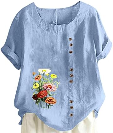 Camiseta da blusa para meninas adolescentes de linho de linho curto de algodão Crew Neck Daisy Floral Graphic Plus