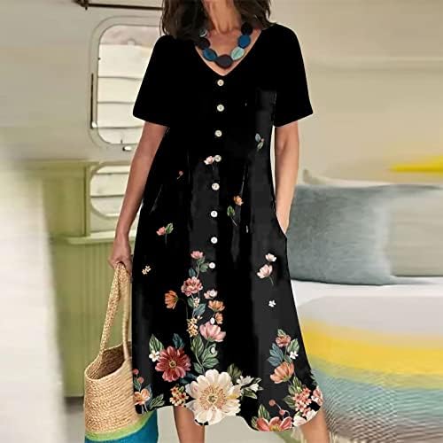 Dyguyth Button Down Dress For Women, camisetas T Dress Vestido elegante estampa floral vestido solto de verão Plus