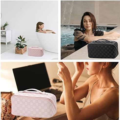 Bolsa de maquiagem de viagem Zhipaiji para mulheres, bolsa de maquiagem à prova d'água de grande capacidade, bolsa portátil de couro portátil de couro, com maçaneta e divisor bolsas de cosméticos quadriculados