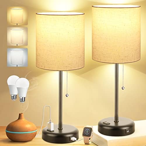 Lâmpadas de mesa Kbest Conjunto de 2 com porta USB, luminárias de mesa de cabeceira para o quarto da sala do quarto, Modo de cor Pull Chain NightSand Lamp com luz da mesa de linho, tomada 2 blubs incluídos.