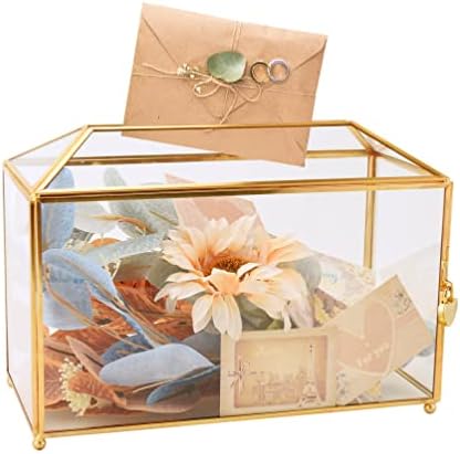 Grande caixa de cartão de casamento de vidro dourado com fechadura para recepção de casamento, titular do cartão de presente de