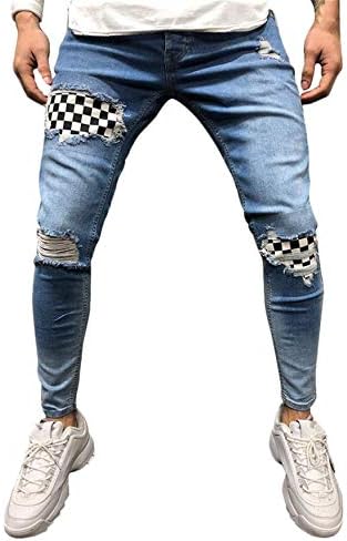 Andongnywell Men's Moto Biker Jeans Angustados buracos rasgados calças de jeans magras com botão de zíper com zíper