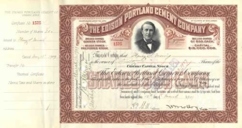 Harry F. Miller assinou o Certificado de Ações de Edison Portland Cement Co - transferido para Thomas A. Edison Inc. na