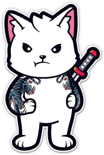 Adesivos de samurai de gato japonês - 2 pacote de adesivos de 3 - vinil impermeável para carro, telefone, garrafa de água, laptop - decalques de kitsune asiáticos de tatuagem