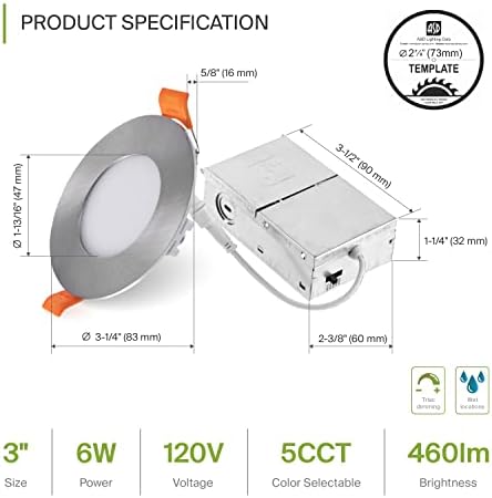ASD Ultra Thin LED 3 polegadas LED Níquel escovado, 5 cct 2700k-5000k, 6W 30W EQV, Wafer de teto desgosto diminuído do teto com