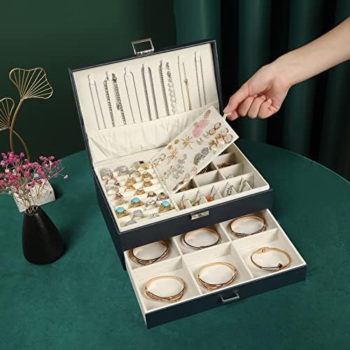 Jacieyu Grande caixa de jóias Brincos de rings Organizador para meninas, grandes caixas de jóias de couro requintadas Mulheres