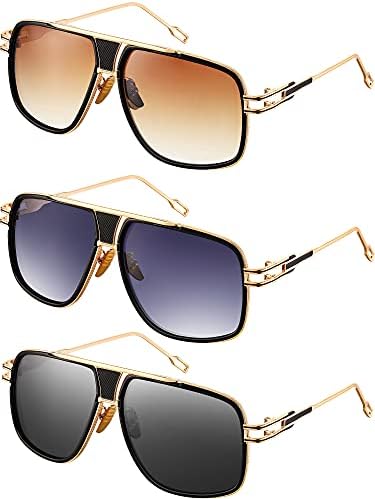 3 pares de óculos de sol de moldura de ouro de ouro de grandes dimensões óculos de sol quadrados de moldura de metal com