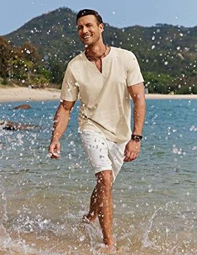 Coofandy Men's Cotton Linen Henley Camisa de manga curta Casual tamis de praia v pescoço de verão ioga leve