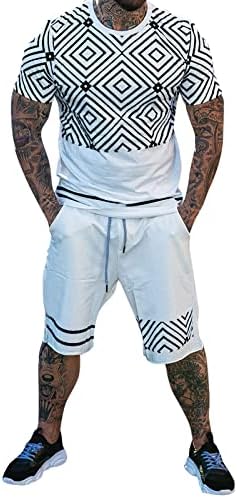 Men's Spring e Summer Top Top Set Set Graphic Print O pescoço Camisa de manga curta Fatos para homens brancos