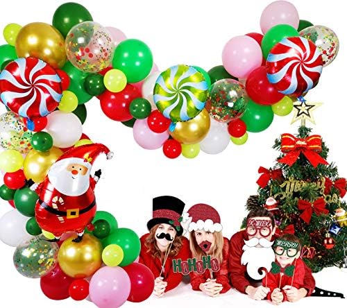 Balões de Natal Garland e arco kit, 94 pacote de 94 pacote escuro branco vermelho rosa dourado balloons de látex Candy Papai Noel Fail Confetti Balloon Strip Set para Natal