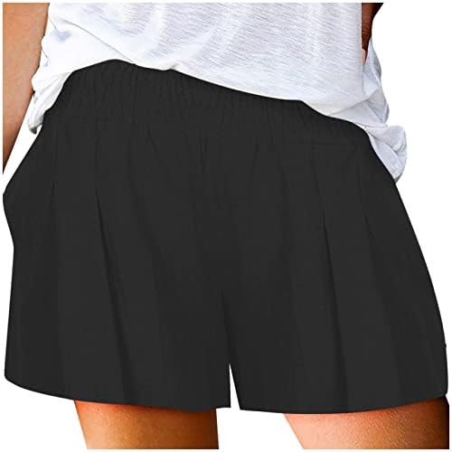 Shorts de cintura alta do verão feminino, feminino de cor sólida linho de algodão casual calça de calça curta