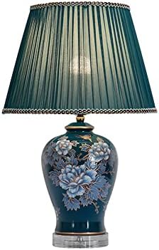 Borkem, estilo chinês pintado de cerâmica de cerâmica, lâmpada de mesa, lâmpada de mesa de vaso de vidro azul criativo, lâmpada