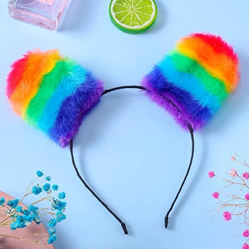 Rainbow Furry Head Band, Jaqakid Gay Pride Headband Acessórios LGBTQ com tatuagens de arco -íris para o orgulho Parades